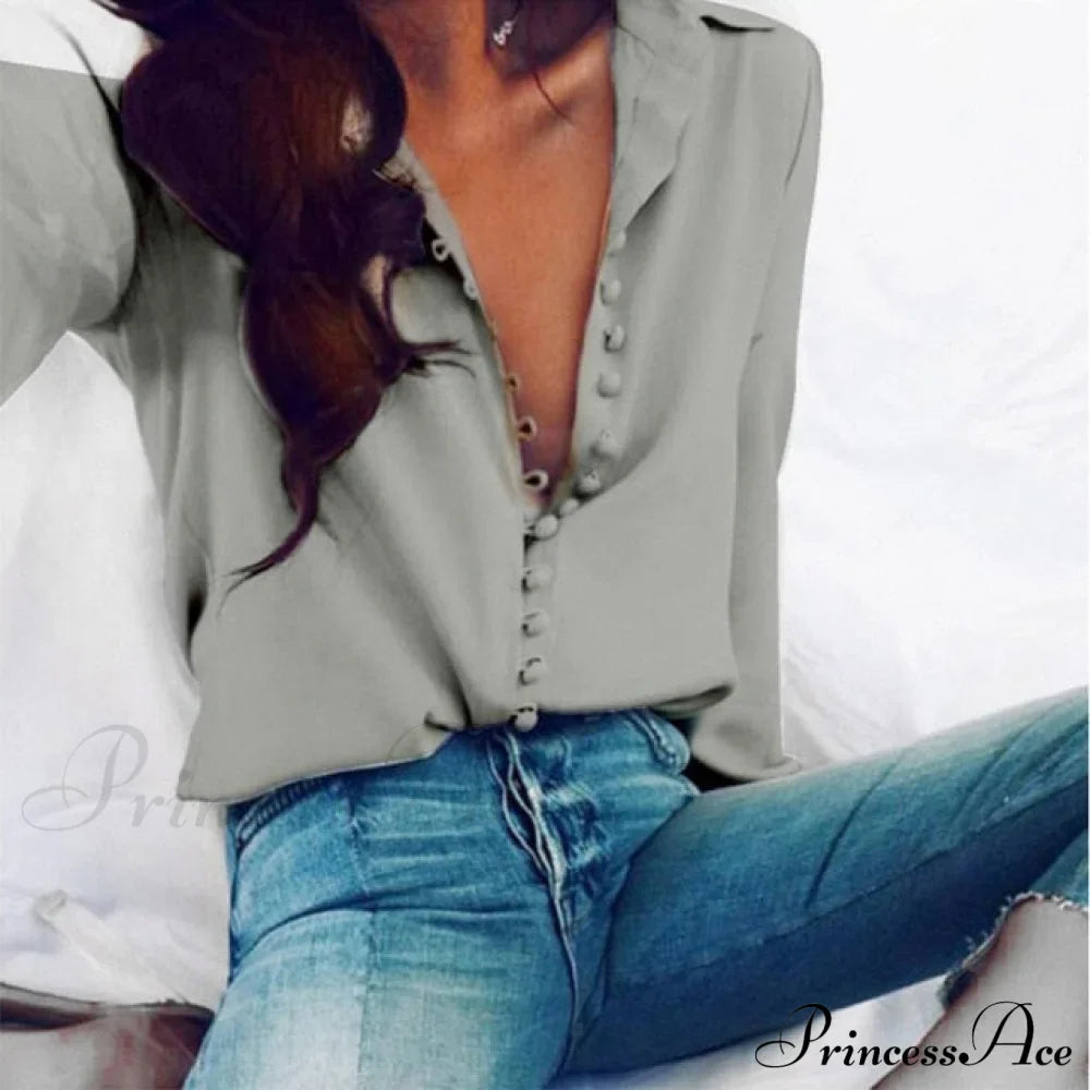 Chiffon Arm Blouse Ladies Top in Solid Casual - with Women Blouse Long Buttons Office Color Spring - White image 6