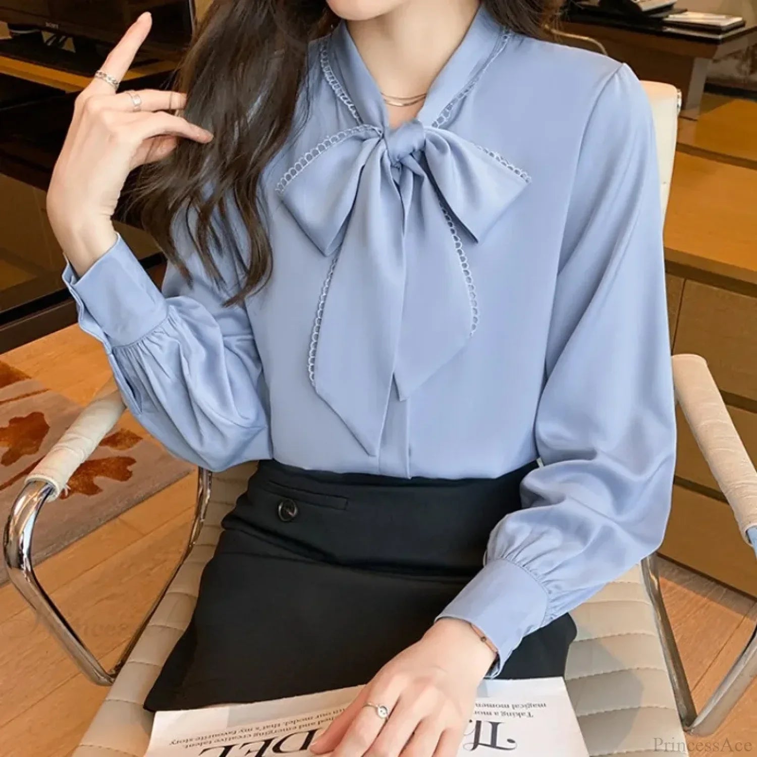 Chiffon Bow Long Sleeve Office Blouse image 2