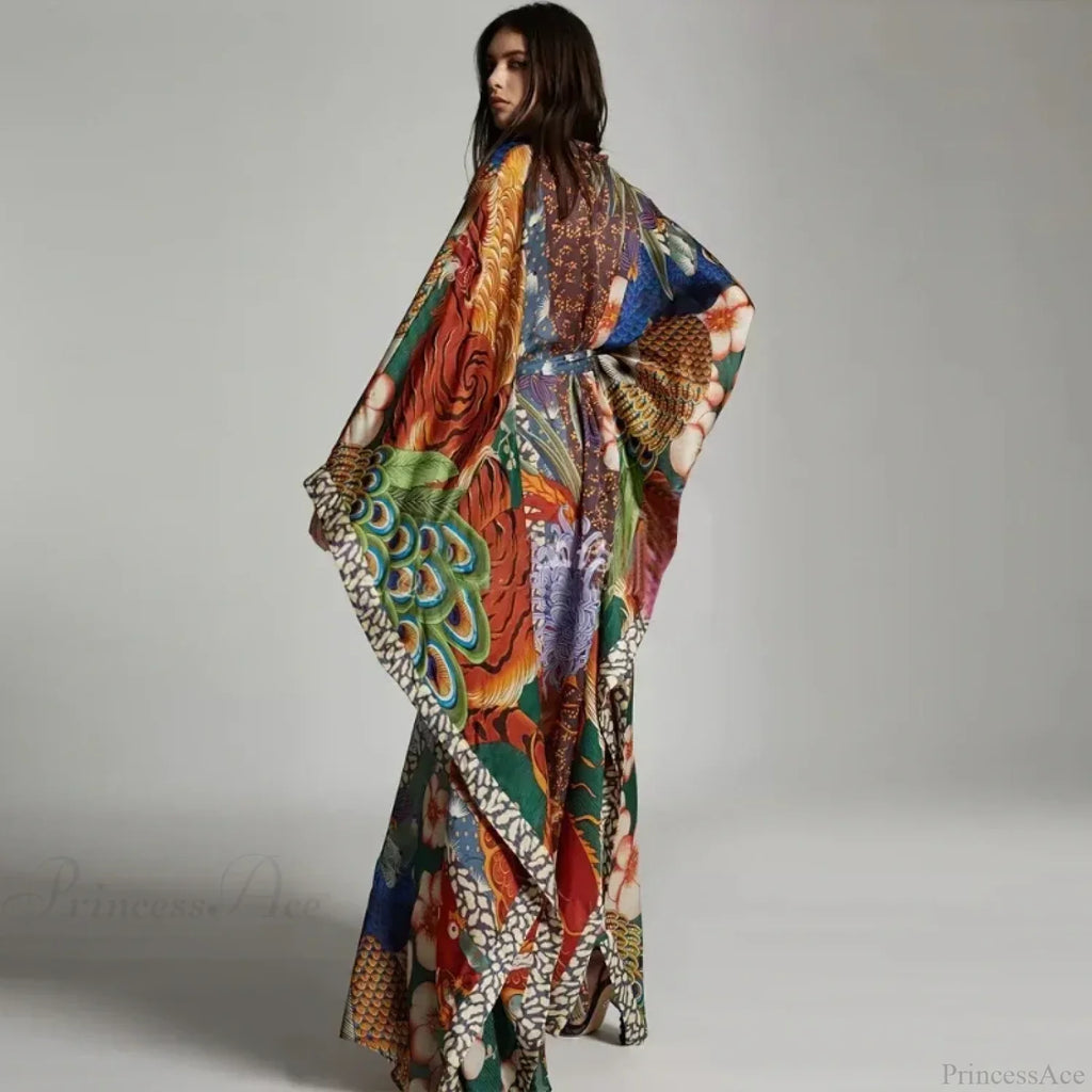 Chiffon Ethnic Peacock Pattern Long Cardigan Boho Cover up image 3
