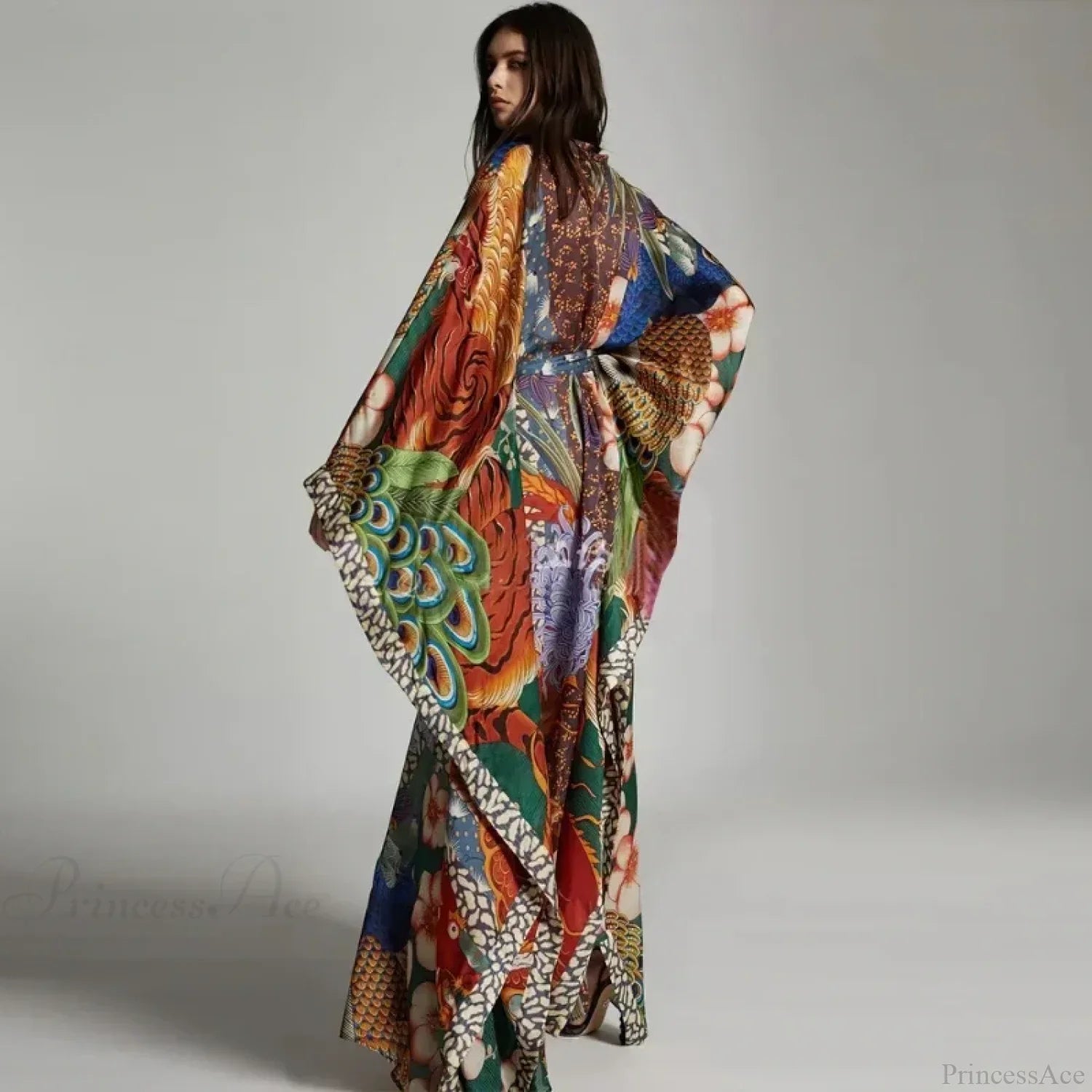 Chiffon Ethnic Peacock Pattern Long Cardigan Boho Cover up image 3
