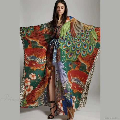 Chiffon Ethnic Peacock Pattern Long Cardigan Boho Cover up image 1