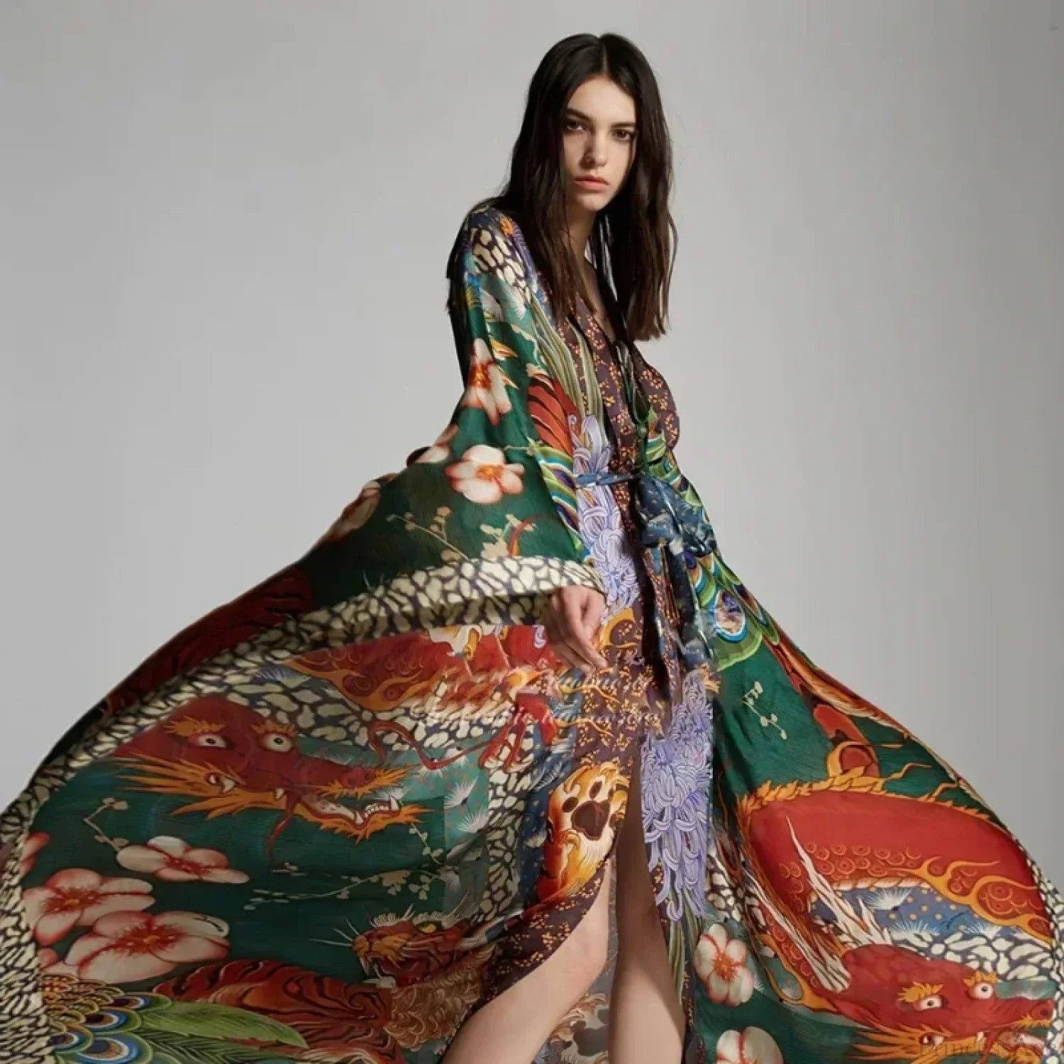 Chiffon Ethnic Peacock Pattern Long Cardigan Boho Cover up image 2