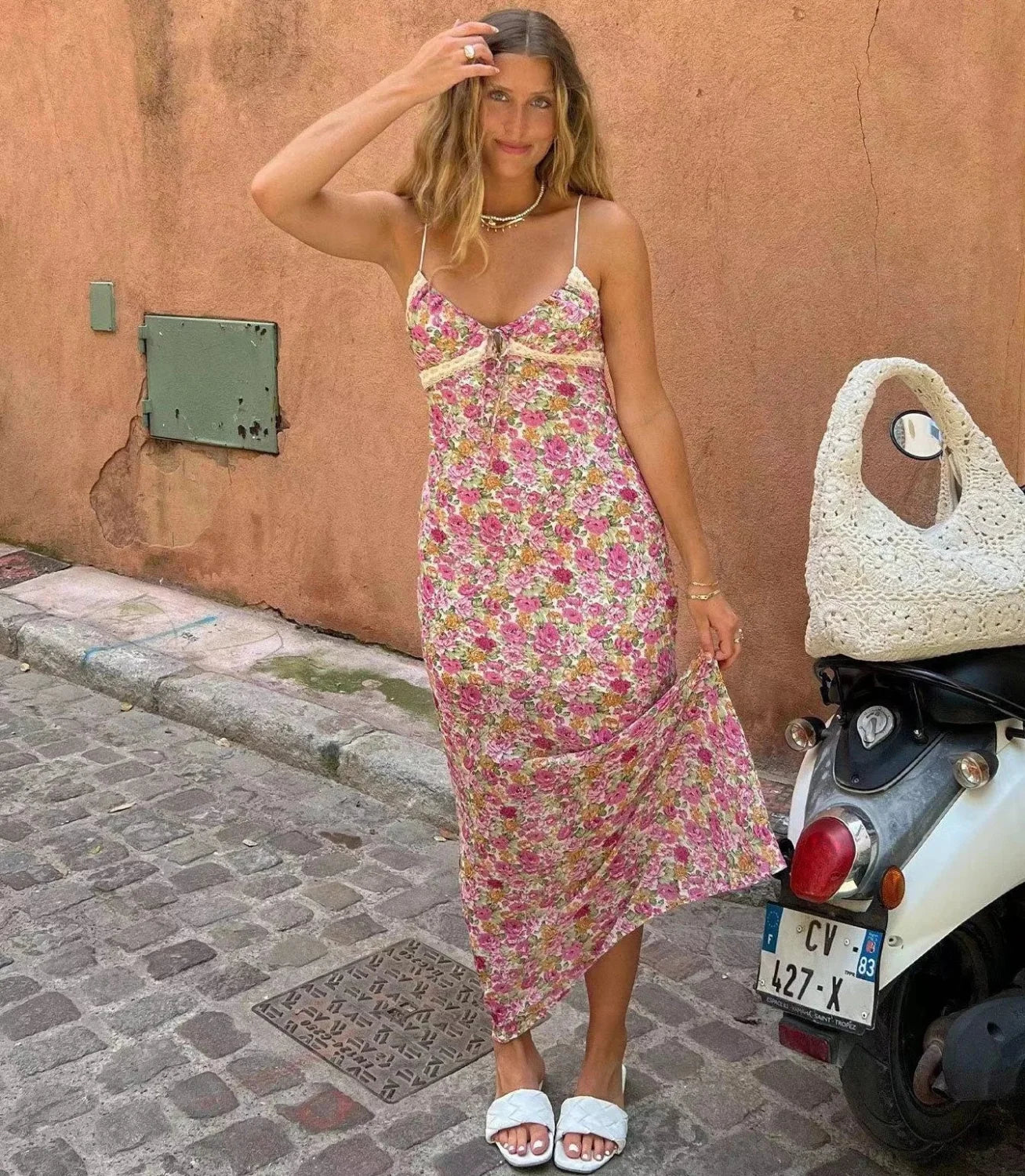 Chiffon Floral Lace Strap Boho Dress image 1