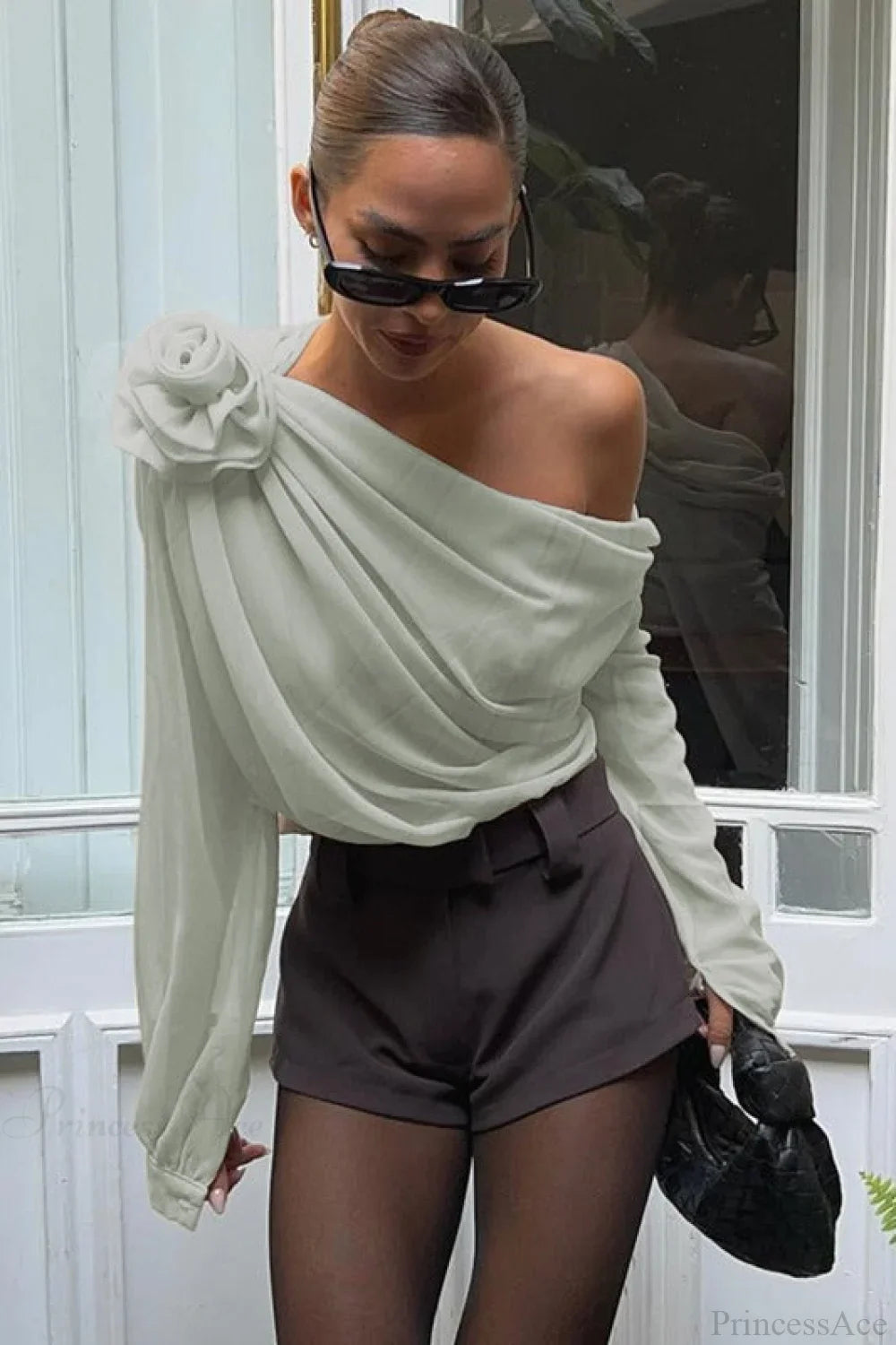Chiffon Floral Off-the-Shoulder Fitted Blouse image 7