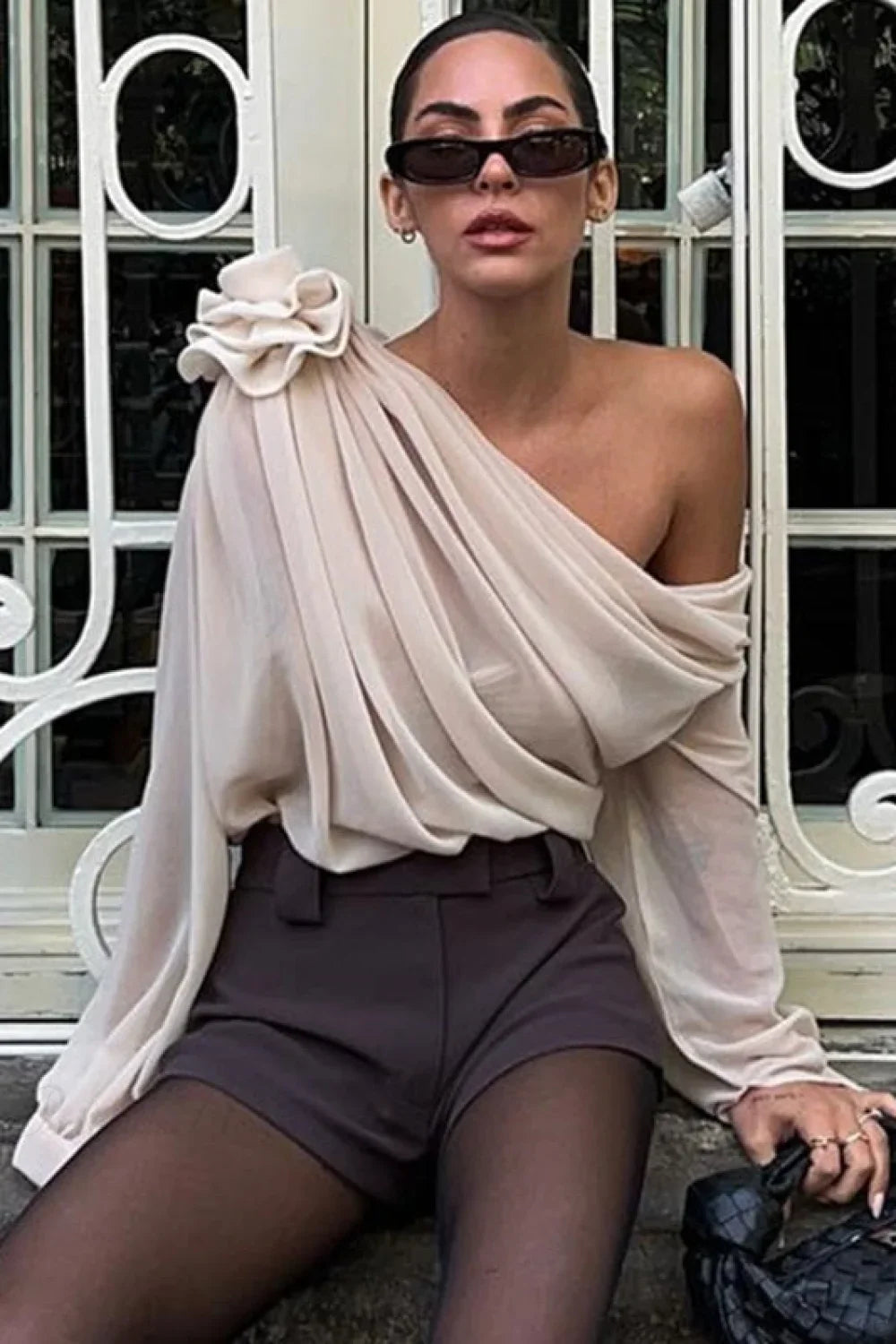 Chiffon Floral Off-the-Shoulder Fitted Blouse image 1