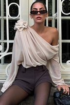 Chiffon Floral Off-the-Shoulder Fitted Blouse image 1