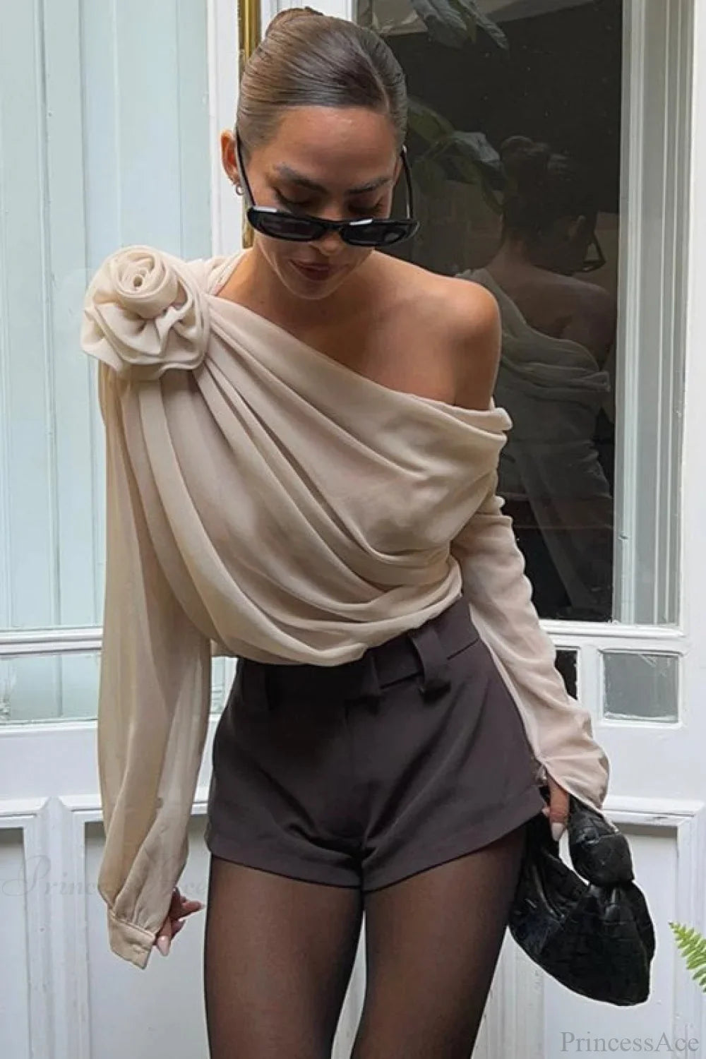 Chiffon Floral Off-the-Shoulder Fitted Blouse image 2