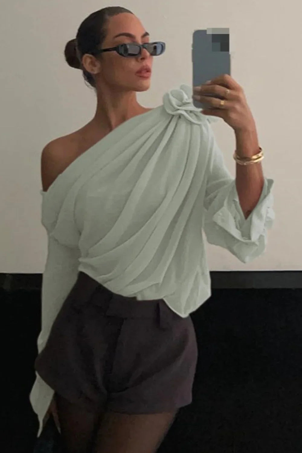 Chiffon Floral Off-the-Shoulder Fitted Blouse image 6