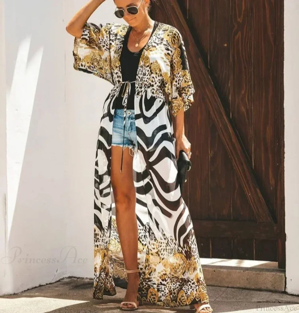 Chiffon Leopard Print Kimono Boho Beach Cover up image 2