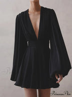 Chiffon Low Cut V-neck Modern Pleated Zip Mini Dress image 1