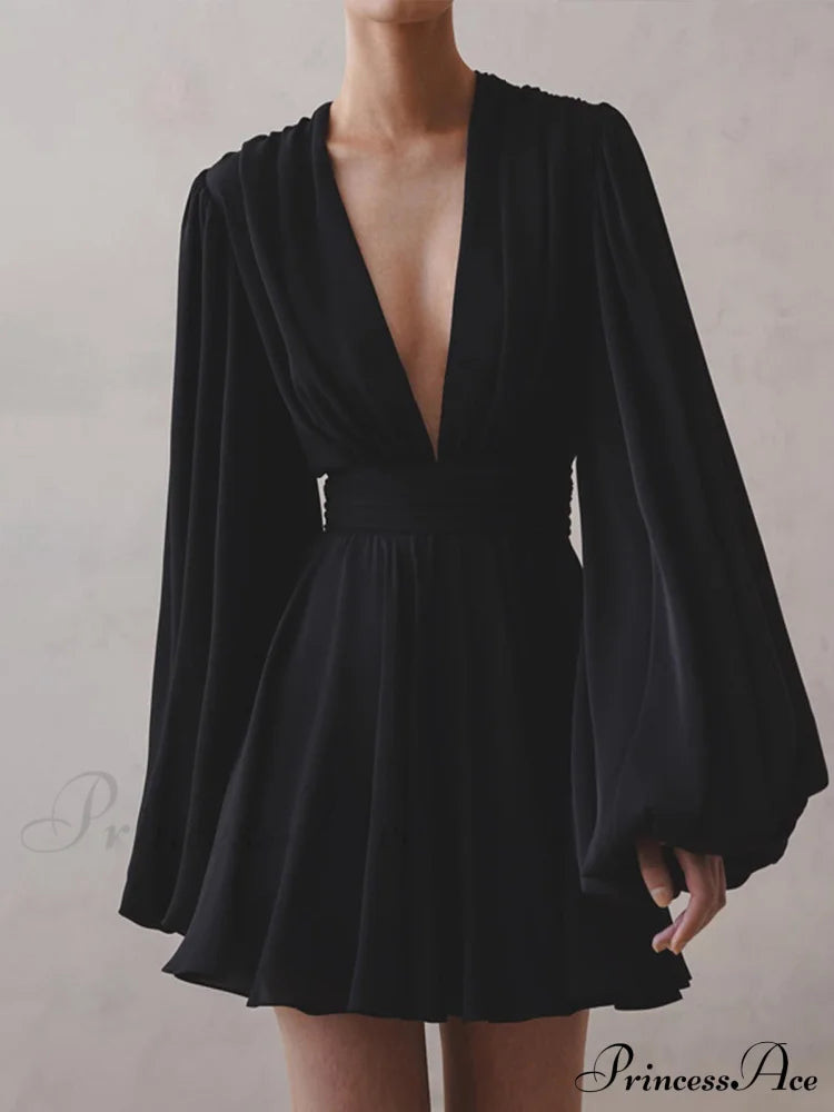 Chiffon Low Cut V-neck Modern Pleated Zip Mini Dress image 1