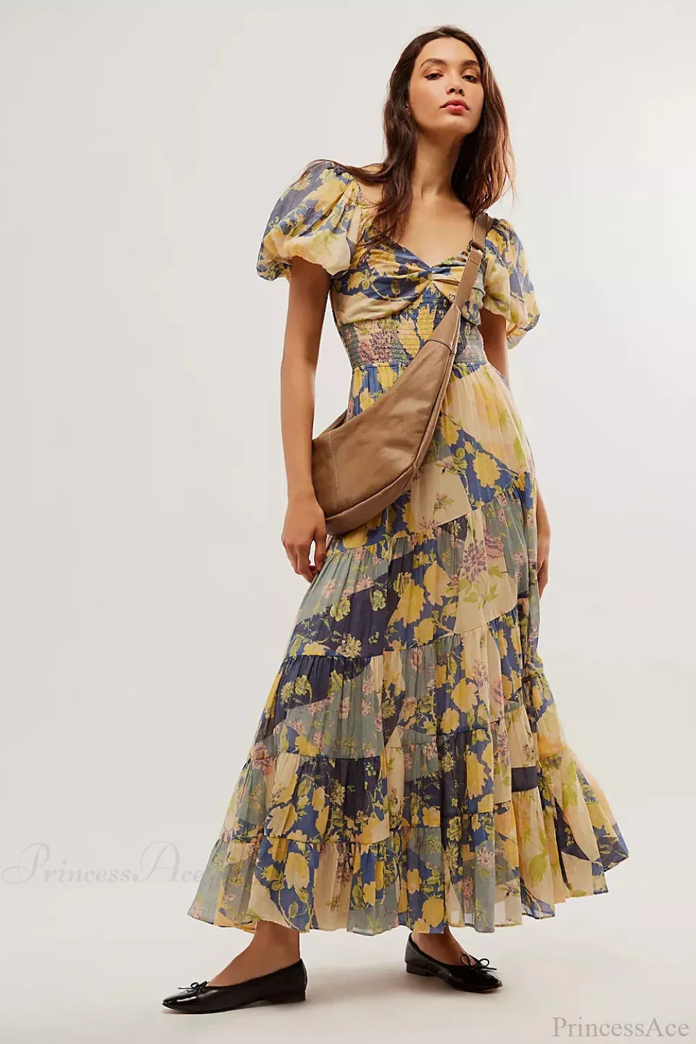 Chiffon Maxi Dress Floral Print Puff Sleeve image 11