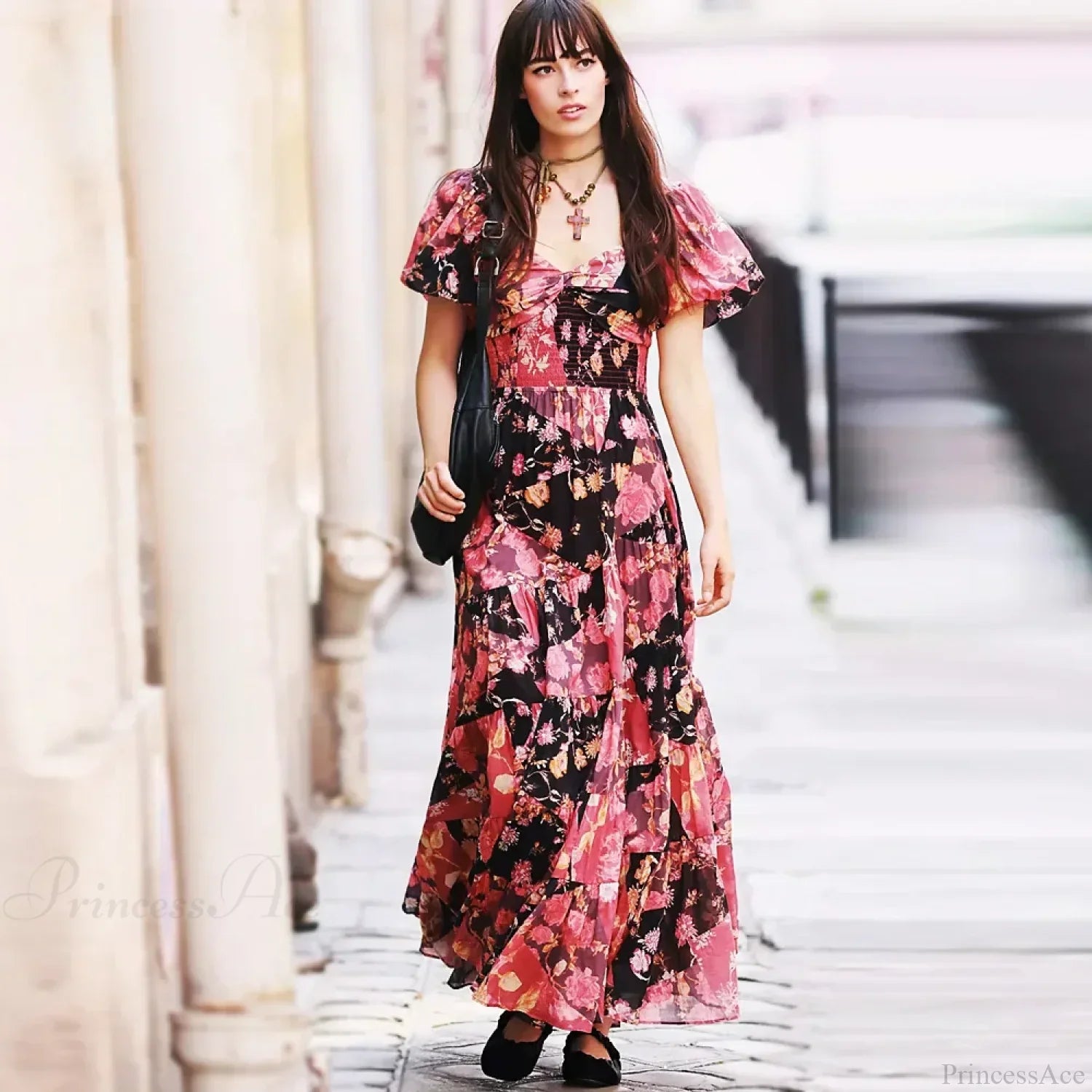 Chiffon Maxi Dress Floral Print Puff Sleeve image 3