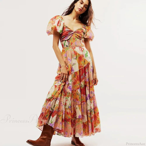 Chiffon Maxi Dress Floral Print Puff Sleeve image 1