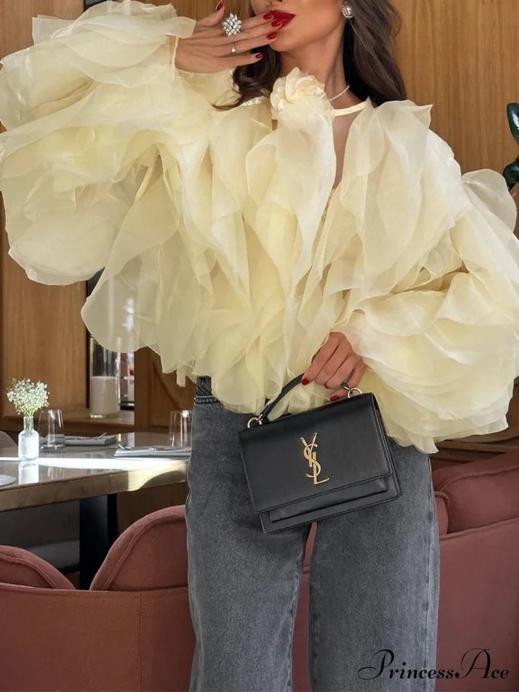 Chiffon Ruffled Graceful Crew Neck Blouse image 1
