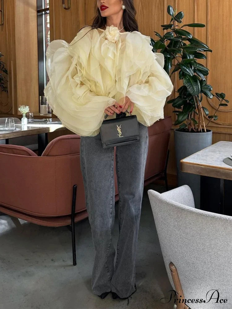 Chiffon Ruffled Graceful Crew Neck Blouse image 4