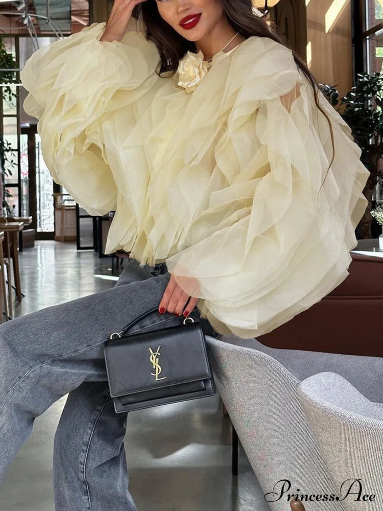 Chiffon Ruffled Graceful Crew Neck Blouse image 3