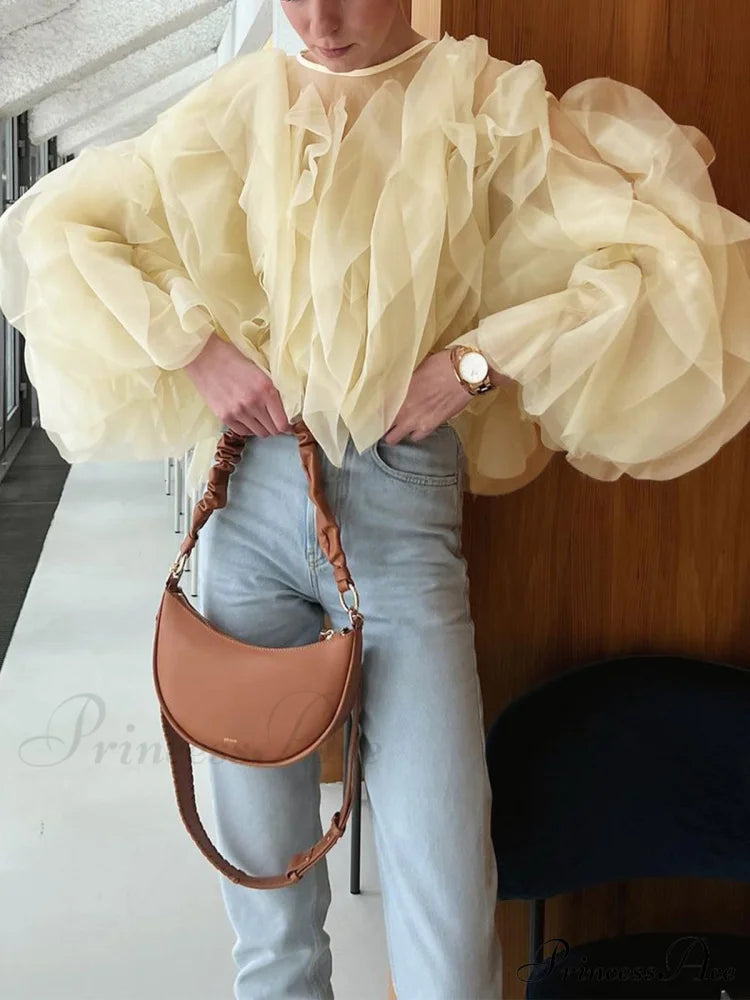 Chiffon Ruffled Graceful Crew Neck Blouse image 2