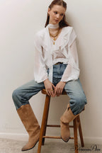 Chiffon Ruffled Long Sleeve V Neck Blouse image 3