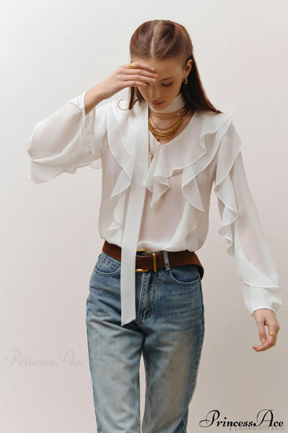 Chiffon Ruffled Long Sleeve V Neck Blouse image 2