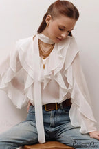 Chiffon Ruffled Long Sleeve V Neck Blouse image 1