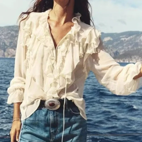 Chiffon Ruffles Bow Tie Long Sleeve Boho Blouse image 1