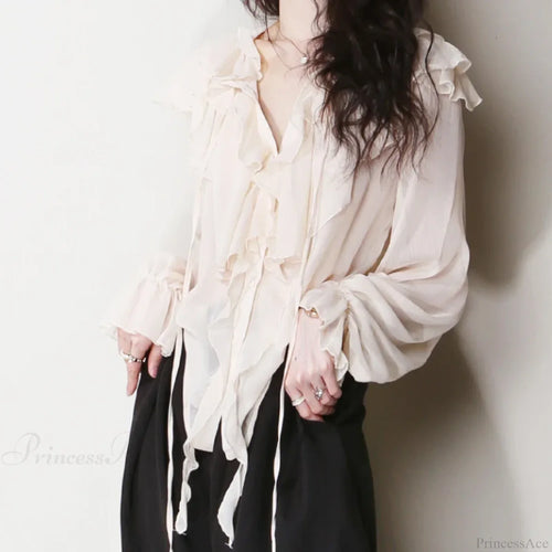 Chiffon Ruffles Bow Tie Long Sleeve Boho Blouse image 2