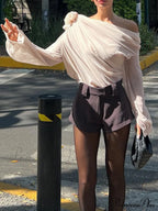 Chiffon Semi-sheer One Trendy Shoulder Asymmetrical Top image 2