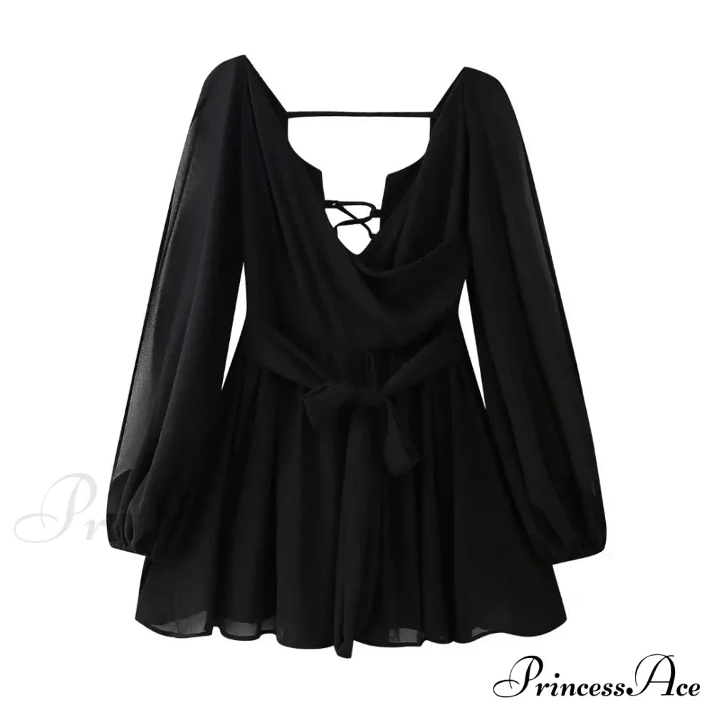 Chiffon Slit Long Sleeve Graceful Lace Up Mini Dress image 9