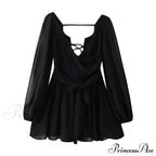 Chiffon Slit Long Sleeve Graceful Lace Up Mini Dress image 9