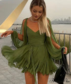 Chiffon Slit Long Sleeve Graceful Lace Up Mini Dress image 5
