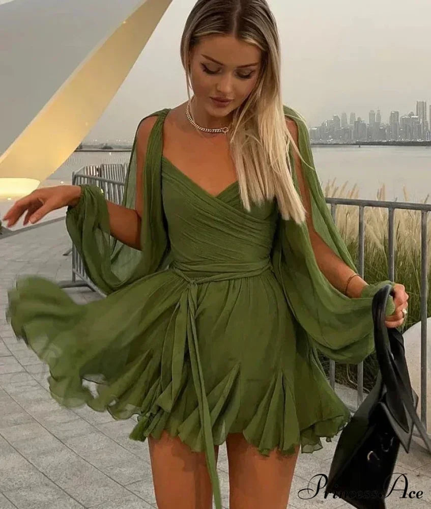 Chiffon Slit Long Sleeve Graceful Lace Up Mini Dress image 5