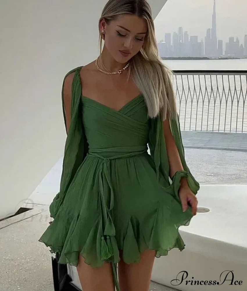 Chiffon Slit Long Sleeve Graceful Lace Up Mini Dress image 4