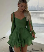 Chiffon Slit Long Sleeve Graceful Lace Up Mini Dress image 4