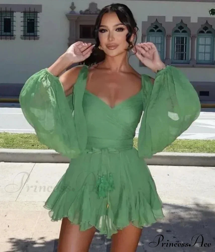 Chiffon Slit Long Sleeve Graceful Lace Up Mini Dress image 1