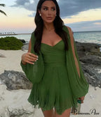 Chiffon Slit Long Sleeve Graceful Lace Up Mini Dress image 6