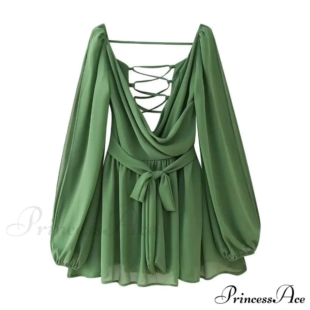 Chiffon Slit Long Sleeve Graceful Lace Up Mini Dress image 7