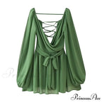 Chiffon Slit Long Sleeve Graceful Lace Up Mini Dress image 7