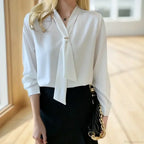 Chiffon V-neck Tie Loose Long Sleeve White Blouse image 2