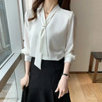 Chiffon V-neck Tie Loose Long Sleeve White Blouse image 5