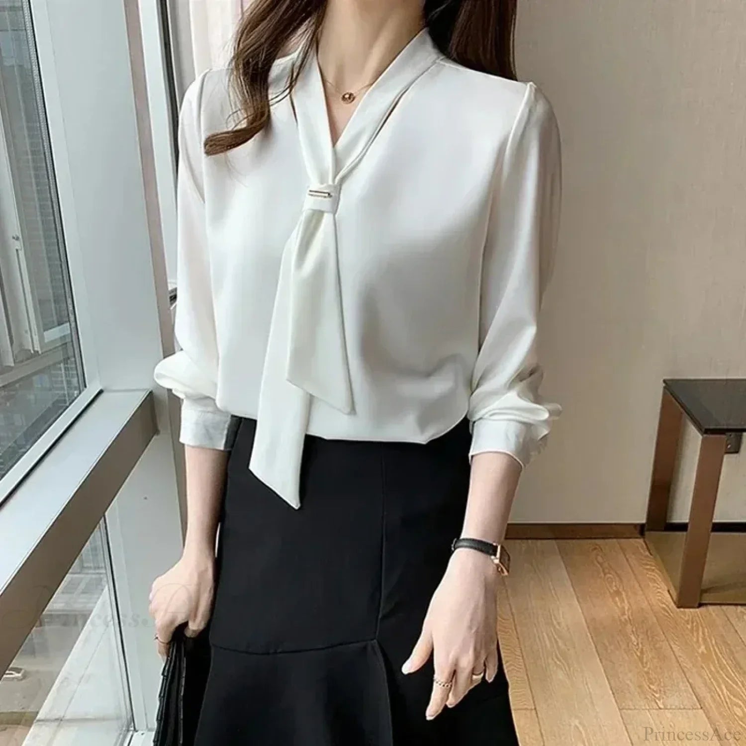 Chiffon V-neck Tie Loose Long Sleeve White Blouse image 5