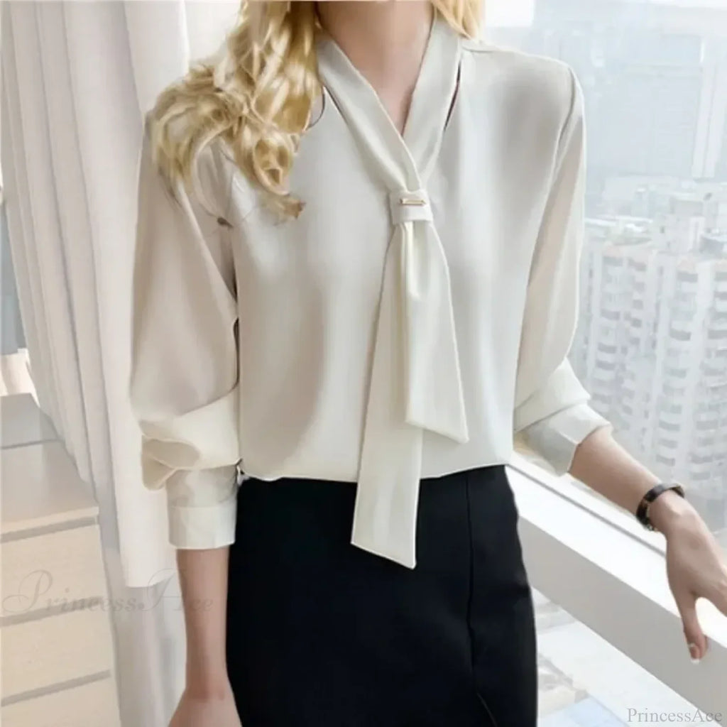 Chiffon V-neck Tie Loose Long Sleeve White Blouse image 1