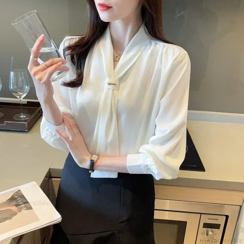 Chiffon V-neck Tie Loose Long Sleeve White Blouse image 4