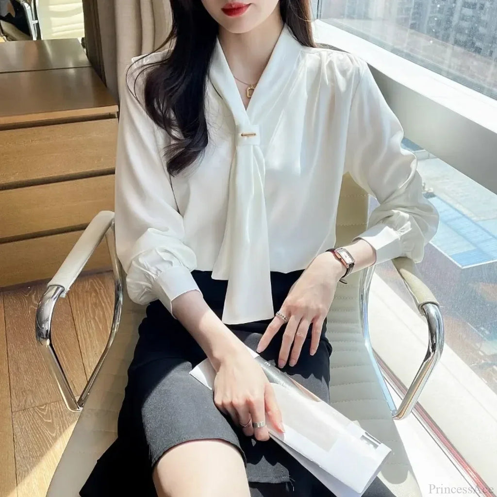 Chiffon V-neck Tie Loose Long Sleeve White Blouse image 3