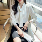 Chiffon V-neck Tie Loose Long Sleeve White Blouse image 3
