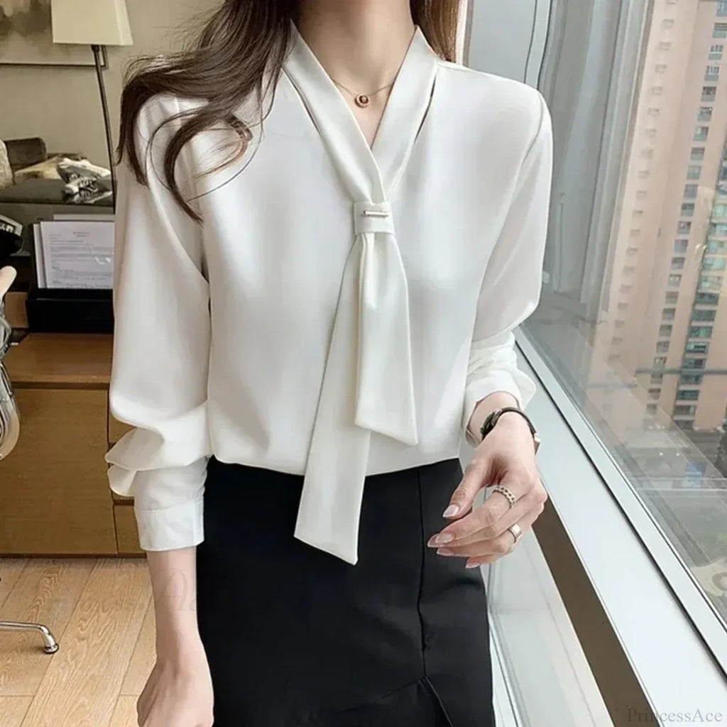 Chiffon V-neck Tie Loose Long Sleeve White Blouse image 6