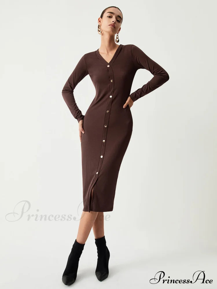 Chocolate Button Down Trendy Long Sleeve Midi Dress image 1