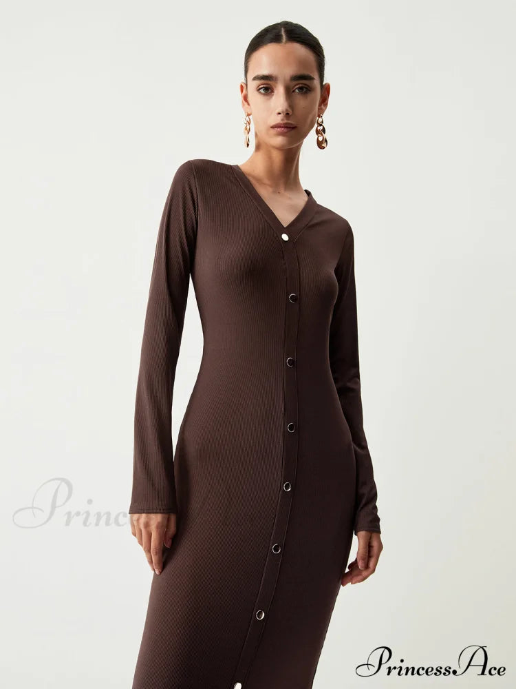 Chocolate Button Down Trendy Long Sleeve Midi Dress image 5