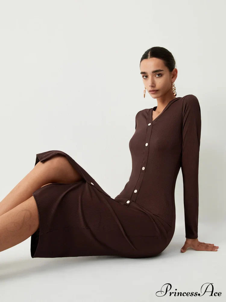 Chocolate Button Down Trendy Long Sleeve Midi Dress image 3