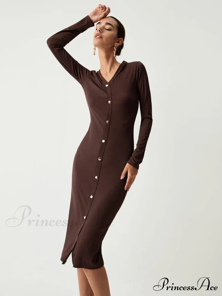 Chocolate Button Down Trendy Long Sleeve Midi Dress image 4